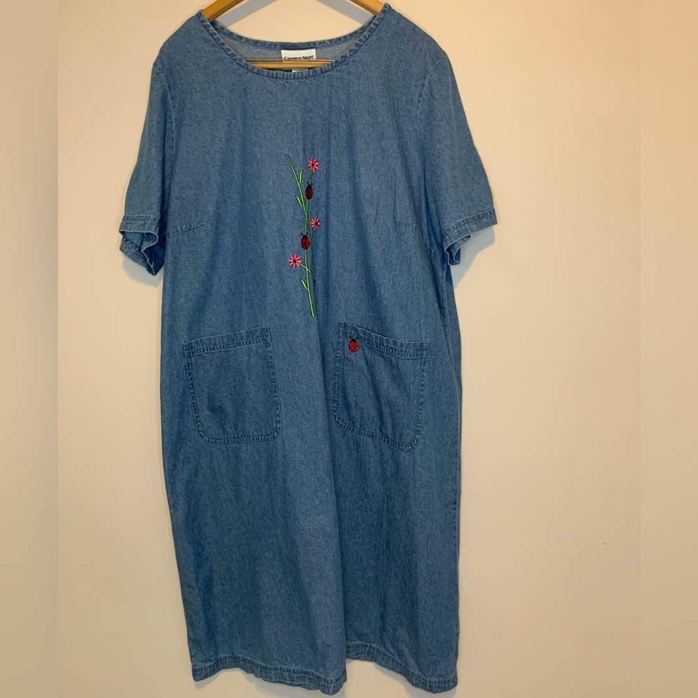 Country store ladybug Embroidered Denim Dress size XL